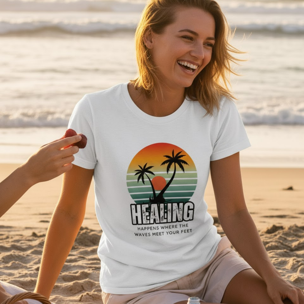 More Adventures™ “Healing Happens” Unisex Beach Tee